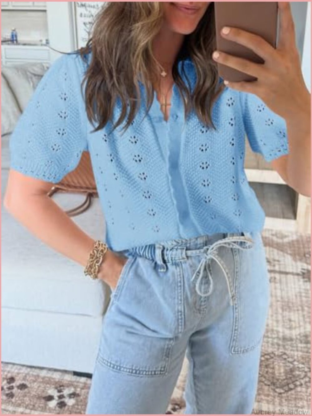 Lightweight Cotton Crochet Knit Cardigan Short Sleeve Button Front - Picture 3 of 7